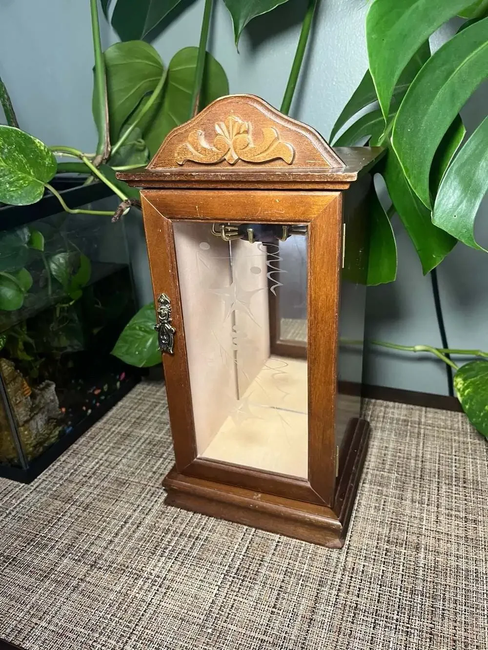 Vintage Wooden Jewelry Cabinet with Etched Glass Door